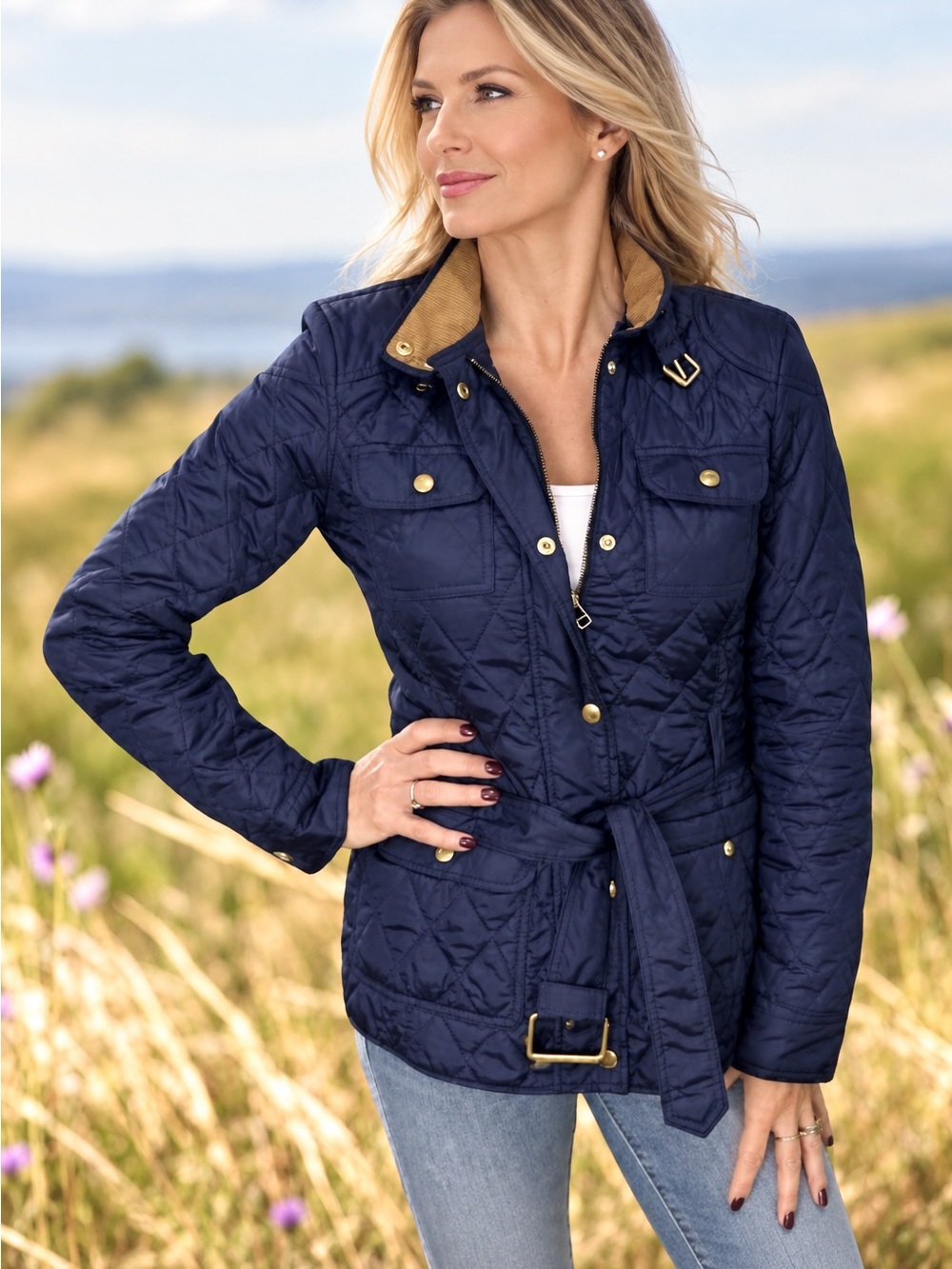 Banana Republic Navy Quilted Belted Utility Jacket Brown Trim S